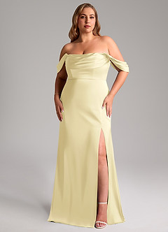 Azazie Saige Bridesmaid Dresses Lemon Sorbet Sheath Off the Shoulder Stretch Satin Dress image16