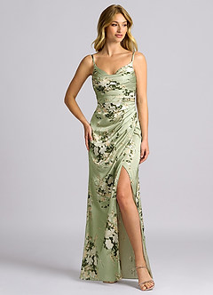 Azazie Deandra Jurken voor bruidsmeisjes Jurk van Stretch Satijn met Zeemeermin Geplooid Bloemenranken image1