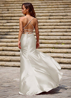Luminous White Spaghetti Straps Stretch Satin Open Back Prom Dress image6