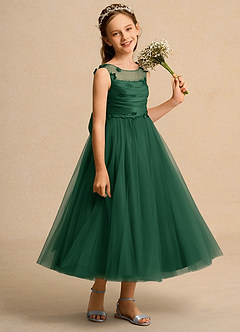 Azazie Snowball Girl Jurken voor bloemenmeisjes Baljurk Jurk van Tule Geplooid Donkergroen image4