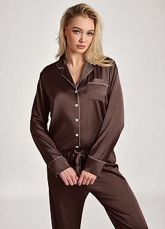 front 새틴 루렉스 트리밍 긴팔 잠옷 세트