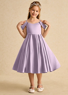 Azazie Favia Flower Girl Dresses Frosted Lilac A-Line Off the Shoulder Matte Satin Dress image4