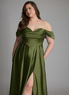 Azazie Loisa Vestidos de damas de honor Vestido Oliva de Satén Elástico de Línea A con Hombros descubiertos image15