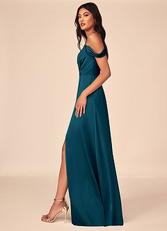 Azazie Ocean Bridesmaid Dresses Ink Blue A-Line V-Neck Pleated Stretch Satin Dress image3