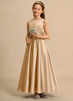 Azazie Ducky Girls Formal Flower Girl Dresses Gold A-Line Pleated Stretch Satin Dress image5