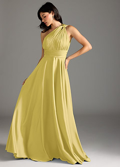 Azazie Charlize Bridesmaid Dresses Canary A-Line One Shoulder Stretch Satin Dress image5