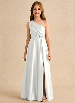 Azazie Puddles Girls Formal Blumenmädchenkleider A-Linie One-Shoulder Stretch-Satin Kleid Weiß image6