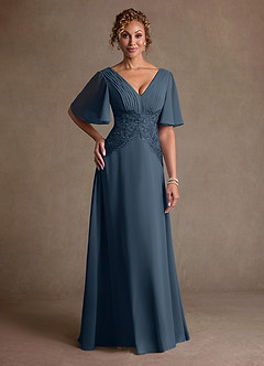 Azazie Milliat 신부의 어머니 드레스 A라인 레이스 쉬폰 플로어 길이 드레스 image1