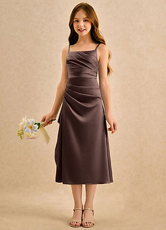 Azazie Canna Girls Formal Robe Demoiselle D'honneur Fillette Robe Trapèze en Satin extensible Plissée Ganache image5