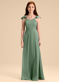 Azazie Everett Junior Abito A-Line in Raso Elasticizzato Fiocco Matcha image6