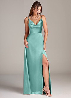 Azazie Sarella Robes de demoiselle d'honneur Robe Trapèze en Satin extensible Plissée Aqua image3