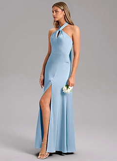 Azazie Tracie Bridesmaid Dresses Powder Blue A-Line Side Slit Stretch Satin Dress image6