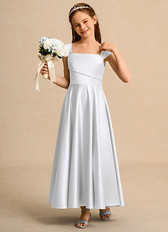 Azazie Bundle Junior Formal vestidos de niña de las flores Vestido de Blanco de Satin Mate de Corte En A con Plisado image4