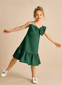 Azazie Kiwi Blumenmädchenkleider A-Linie Spaghetti Riemen Matte Satin Kleid Dunkelgrün image1