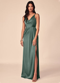 Azazie Aqua Robes de demoiselle d'honneur Robe Trapèze en Satin extensible Col V plissé Mousse De Mer image1