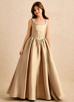 Azazie Enid Girls Formal Blomsterpigekjoler A-Line Perlebesat Stræk satin Gulv-længde Kjole image1