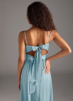 Azazie Zeya Robes de demoiselle d'honneur Robe Trapèze en Satin extensible Plissée Bleu Maussade image4
