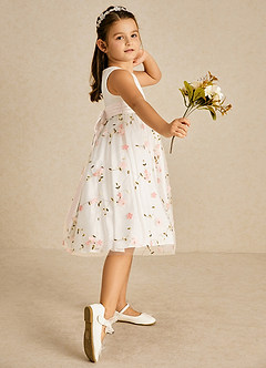 Azazie Pollie Flower Girl Dresses Blushing Pink White Alabaster A-Line Bow Tulle Dress image3