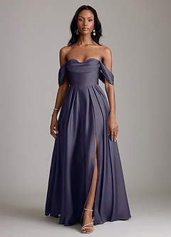Azazie Loisa Abiti da Damigella Abito A-Line in Raso Elasticizzato a Spalla Scoperta Stormy image7