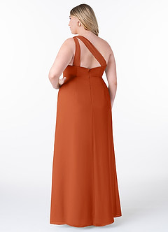 Azazie Maive Vestidos de damas de honor Vestido de Naranja Quemada de Gasa de Corte Recto con Volante plisado image8