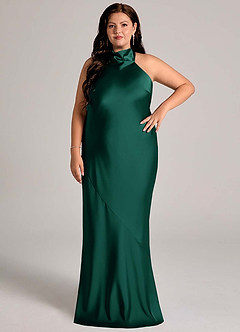 Azazie Velli Bridesmaid Dresses Emerald Mermaid High Neck Stretch Satin Dress image1