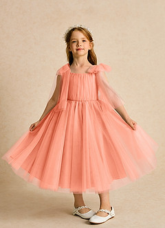 Azazie Dori Robe Demoiselle D'honneur Fillette Robe Trapèze en Tulle Rayé Coucher De Soleil image6