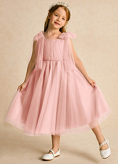 Azazie Dori 플라워 걸 드레스 A라인 셔링 얇실버 명주 그물 티 길이 드레스 image4