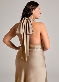Azazie Velli Bridesmaid Dresses Taupe Mermaid High Neck Stretch Satin Dress image11