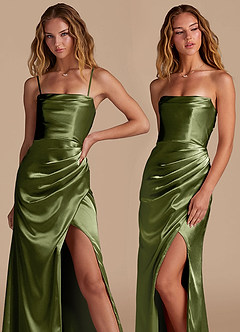 Azazie Leonis Bridesmaid Dresses Olive Mermaid Pleated Metallic Satin Convertible Dress image8