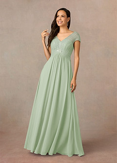 Azazie Star Kleider für die Brautmutter A-Linie V-Hals Pailletten Chiffon Kleid Staubiger Salbeigrün image1