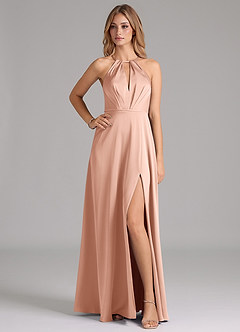 Azazie Evalleen Bridesmaid Dresses Rose Gold A-Line Pleated Stretch Satin Dress image1