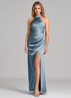 Azazie Karlotta Bridesmaid Dresses Dusty Blue Sheath Pleated Stretch Satin Dress image1
