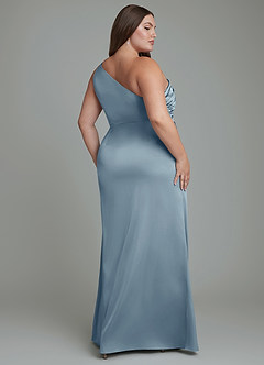 Azazie Akilah Vestidos de damas de honor Vestido Azul Polvoriento de Satén Elástico de Corte Sirena con Un hombro image9