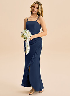 Azazie Buzzy Junior Dark Navy Sheath Pleated Chiffon Dress image3