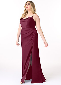 Azazie Marzia Bridesmaid Dresses Mulberry Sheath Cowl Pleated Stretch Satin Dress image9
