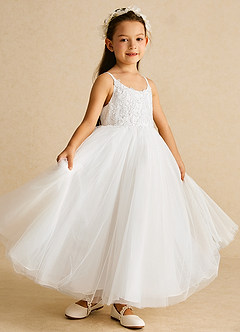 Azazie Buttercup Flower Girl Dresses Ivory A-Line Lace Tulle Dress image1