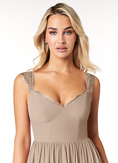 Azazie Cleobella Bridesmaid Dresses Taupe A-Line Sweetheart Lace Chiffon Dress image6