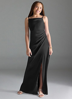 Azazie Leonis Junior Black A-Line Pleated Stretch Satin Dress image1