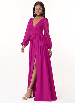 Azazie Norah Bridesmaid Dresses Fuchsia A-Line V-Neck Long Sleeve Chiffon Dress image4