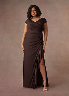 Azazie Roya Mother of the Bride Dresses Ganache Mermaid V-Neck Pleated Mesh Dress image7