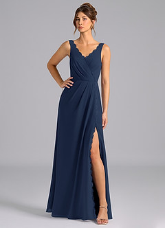 Azazie Bernice Bridesmaid Dresses Dark Navy A-Line Pleated Chiffon Dress image1