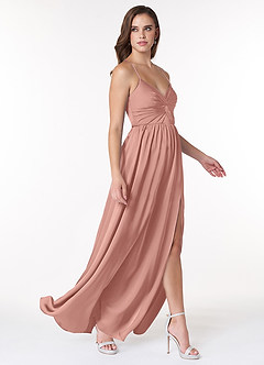 Azazie Raya Robes de demoiselle d'honneur Robe Trapèze en Satin extensible Col V plissé Rosette image4