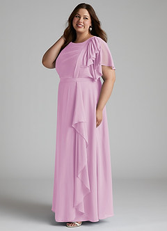 Azazie Aaliyah Bescheidene Brautjungfernkleider A-Linie Schaufel Gefaltet Chiffon Bodenlänge Kleid image7