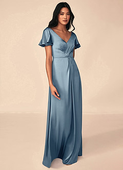 Azazie Soren Vestidos de damas de honor Vestido de Azul Polvoriento de Satén Elástico de Corte en A con Plisado image4