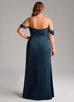 Azazie Saige Vestidos de damas de honor Vestido Azul Marino Oscuro de Satén Elástico de Corte Recto con Hombros descubiertos image13
