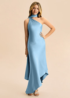 Azazie Briony Junior Etui Plissee Stretch-Satin Kleid Stahlblau image3