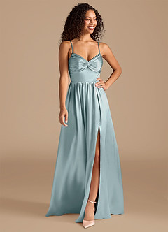 Azazie Zeya Bridesmaid Dresses Mist A-Line Pleated Metallic Satin Dress image1