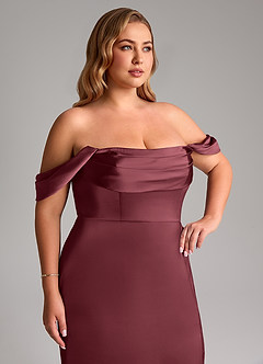 Azazie Saige Bridesmaid Dresses Merlot Sheath Off the Shoulder Stretch Satin Dress image14