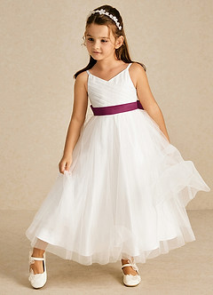 Azazie Lea vestidos de niña de las flores Vestido de Mora de Tul de Corte En A con Tirante Espagueti image3