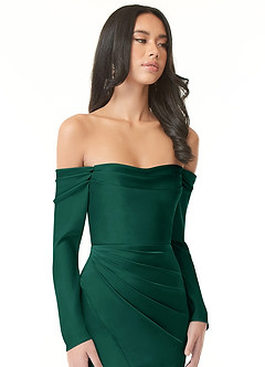 Azazie Hallie Bridesmaid Dresses Emerald Sheath Off-The-Shoulder Long Sleeve Stretch Satin Convertible Dress image1